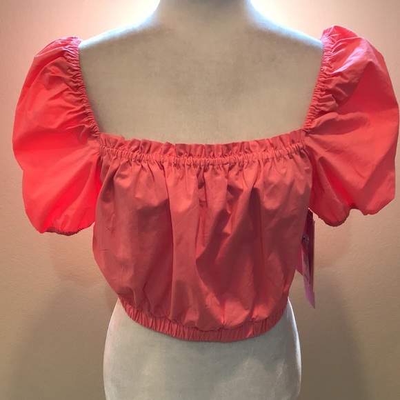NWT LDT Coral Square Neck Short Puff Sleeve Smocked 97% Cotton Crop Top - Picture 6 of 9